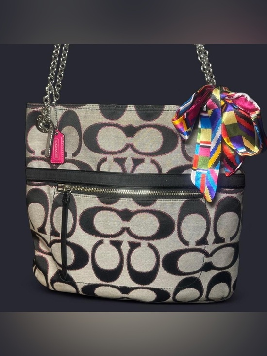 Coach Handbags - Coach Poppy Signature Canvas Shoulder Bag in Black/Pink Metallic